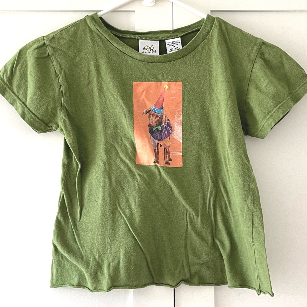 Vintage 17 Chickens Kids Graphic Dog Party Hat Green Tee, size M